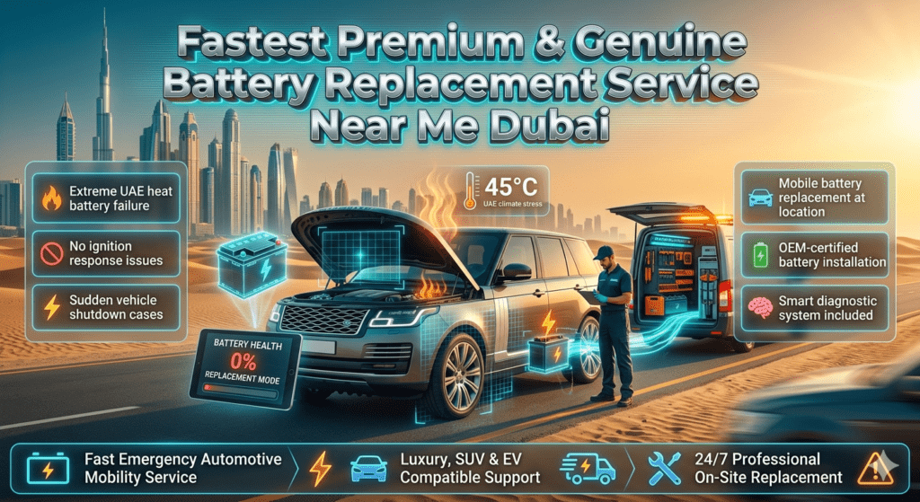 Futuristic automotive infographic showing mobile car battery replacement service in Dubai with technician installing battery, diagnostic system, and emergency roadside assistance.
