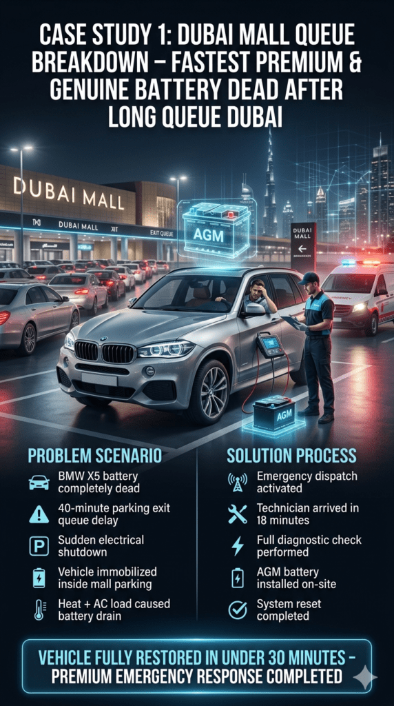 Cinematic infographic showing BMW X5 battery failure at Dubai Mall parking queue with emergency technician arriving, diagnostics performed, and AGM battery replacement restoring vehicle in under 30 minutes.