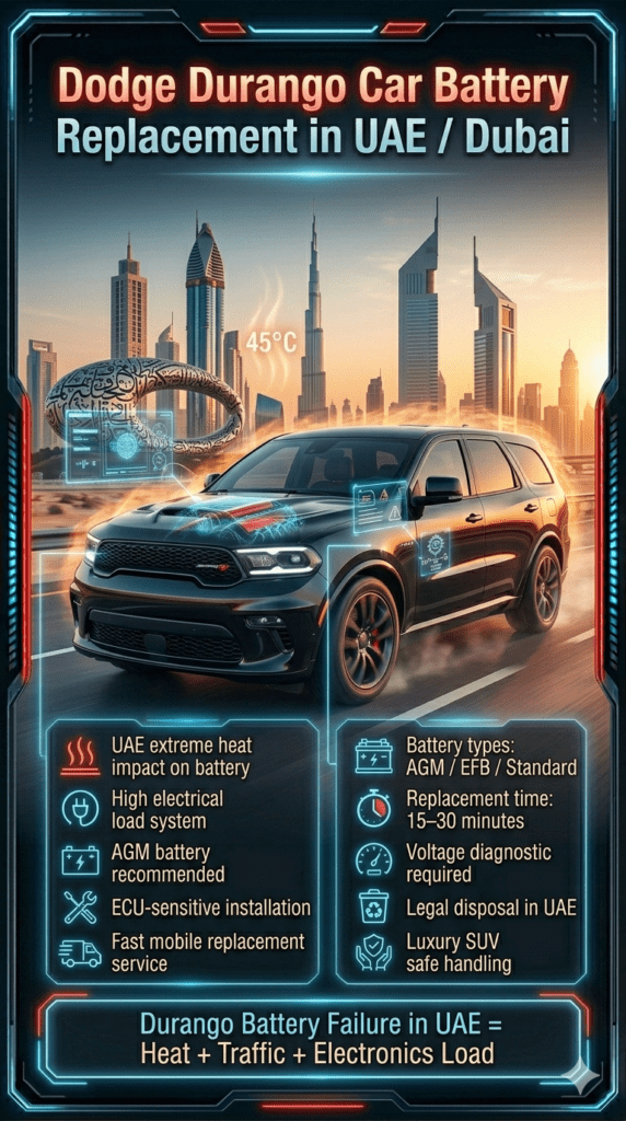 Dodge Durango SUV battery replacement infographic showing UAE Dubai heat impact, battery types, diagnostic process, and professional mobile installation guide.