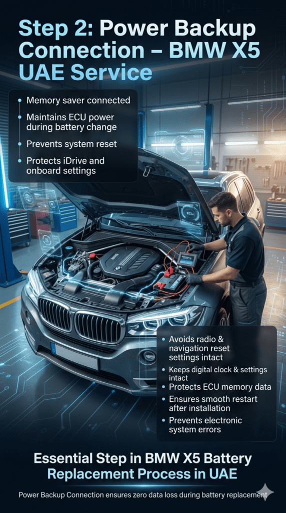 BMW X5 battery replacement showing memory saver power backup connection to prevent system reset during ECU-supported battery change in UAE workshop environment.