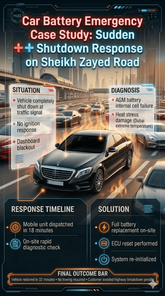 Car Battery Emergency Case Study: Sudden Shutdown Response on Sheikh Zayed Road Mercedes-Benz S-Class experiencing sudden battery shutdown in Dubai heat on Sheikh Zayed Road, followed by mobile repair response, battery replacement, and ECU reset.