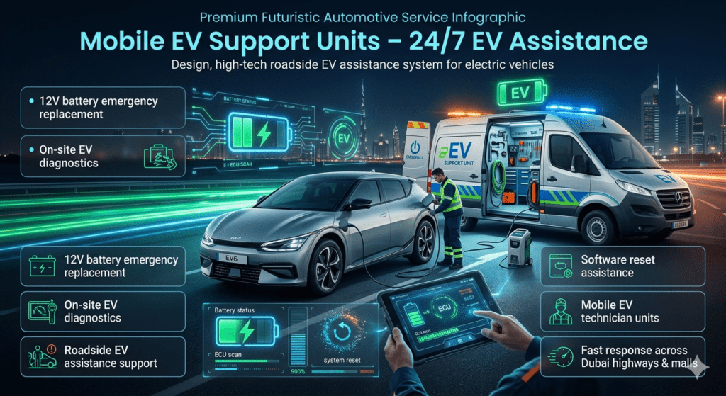 Mobile EV Support Units – 24/7 Emergency Kia EV6 Roadside Assistance UAE Mobile EV support units in Dubai showing Kia EV6 roadside assistance with 12V battery replacement, diagnostics, and software reset service.