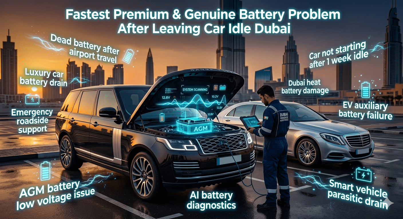 Luxury Dubai roadside battery service with floating neon problem statements, AI diagnostics, and premium vehicles showing idle battery issues without boxed UI elements.
