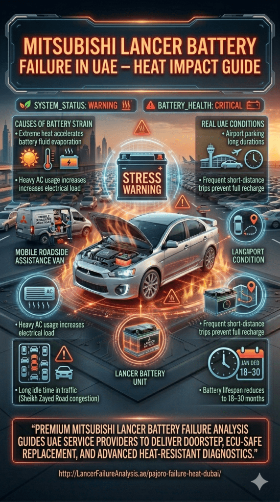 Mitsubishi Lancer in Dubai traffic under extreme heat conditions showing battery stress effects caused by AC load, long idle traffic, airport parking, and short trips.