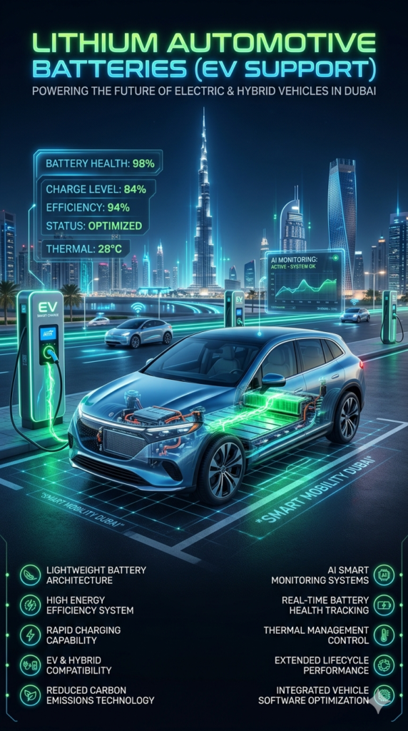 Futuristic electric vehicle in Dubai connected to a smart EV charging station with visible lithium battery system, AI monitoring interface, and infographic panels showing lightweight design, efficiency, and smart battery technology.