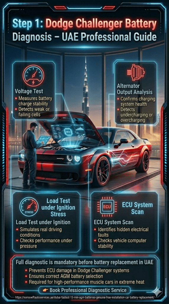 Futuristic Dodge Challenger diagnostic scene in Dubai workshop showing voltage test, load test under ignition stress, alternator output analysis, and ECU system scan with holographic automotive interface.