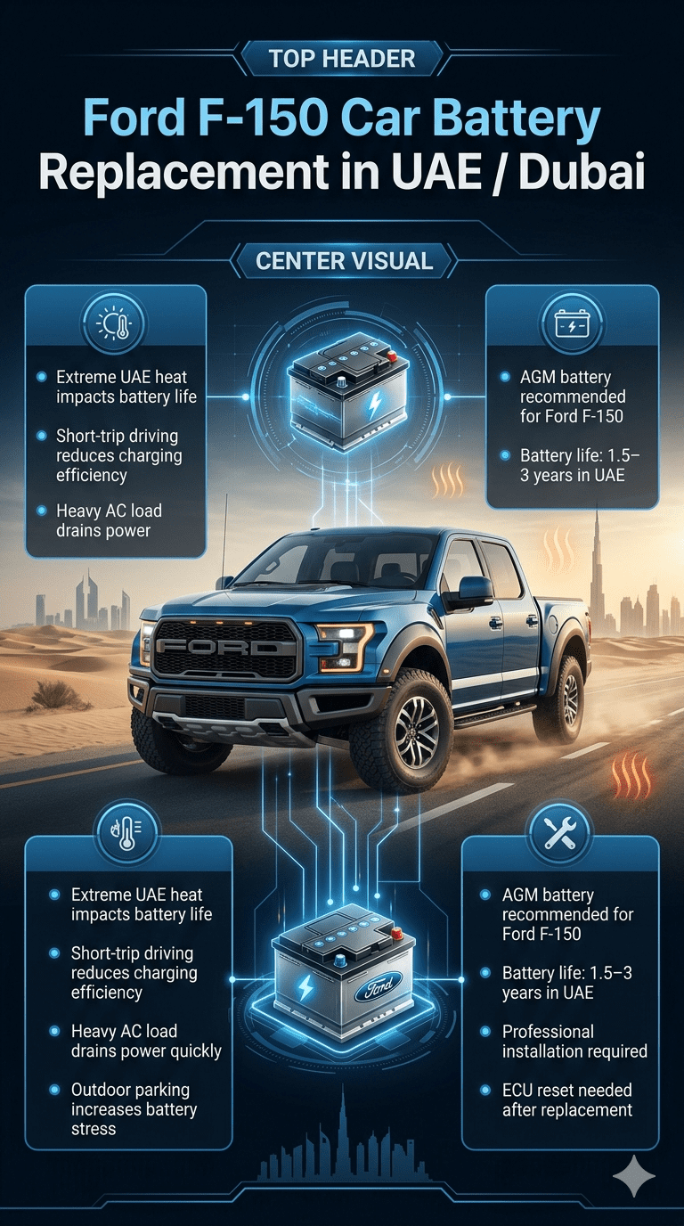 Ford F-150 battery replacement infographic showing UAE heat impact, battery maintenance tips, AGM battery recommendation, and professional replacement process with a central Ford truck visual.