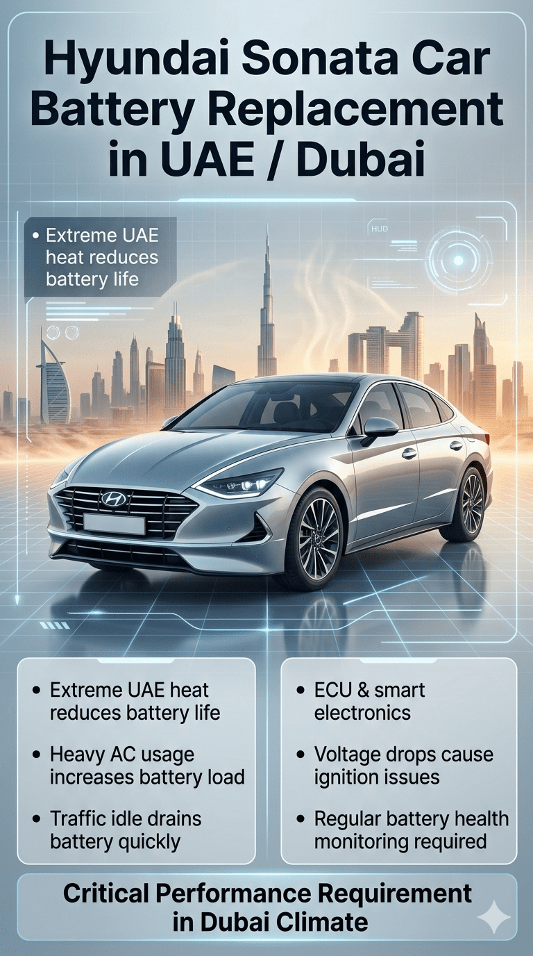 High-quality infographic showing Hyundai Sonata Car Battery Replacement in UAE / Dubai with a central car image, futuristic design elements, and side panels highlighting battery issues caused by UAE heat and traffic conditions.