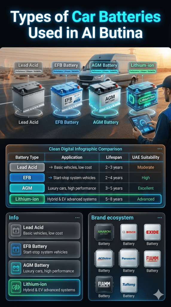Futuristic automotive infographic showing comparison of lead acid, EFB, AGM, and lithium-ion car batteries with lifespan, application, and UAE suitability along with popular battery brands used in Al Butina Dubai