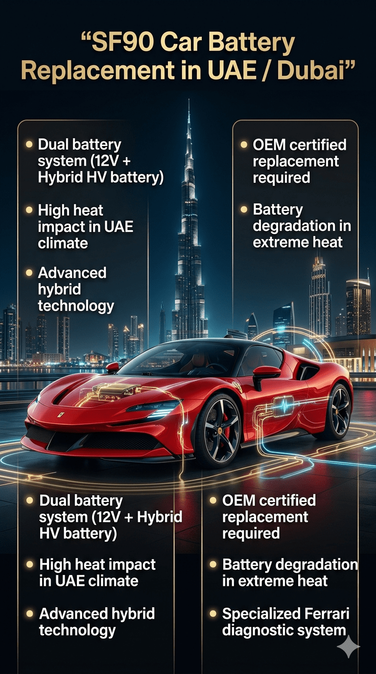 Ferrari SF90 Stradale in Dubai with infographic showing hybrid battery system, replacement guide, and UAE heat impact on car battery performance.