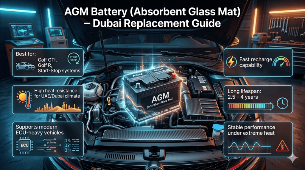 Premium AGM car battery installed in a high-performance vehicle engine bay with highlighted features for Dubai heat conditions, shown in a modern infographic layout.