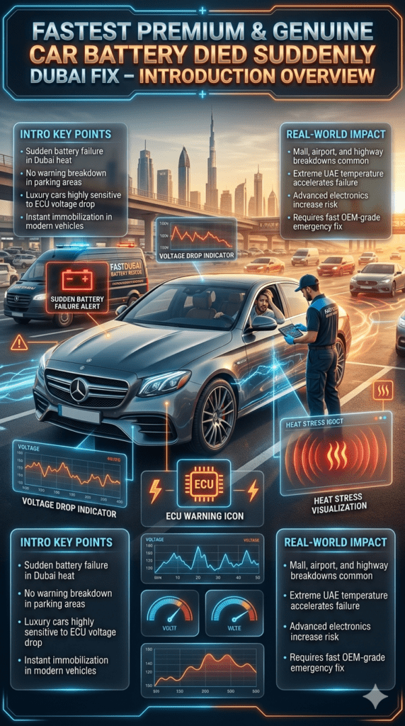 Luxury car sudden battery failure in Dubai parking area with roadside assistance technician, ECU warning display, heat impact visualization, and emergency battery fix system.