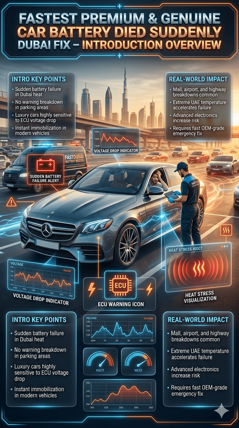 Luxury car sudden battery failure in Dubai parking area with roadside assistance technician, ECU warning display, heat impact visualization, and emergency battery fix system.