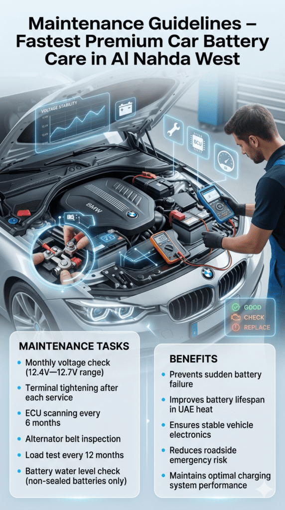 Automotive maintenance infographic showing car battery care guidelines including voltage checks, ECU scanning, alternator inspection, and terminal tightening in a modern workshop setting.