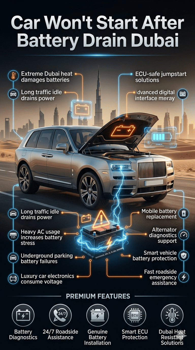 Premium automotive infographic showing a luxury car with dead battery in Dubai, surrounded by animated diagnostic icons, ECU warning visuals, and side panels listing common symptoms and modern vehicle systems affected by battery drain.