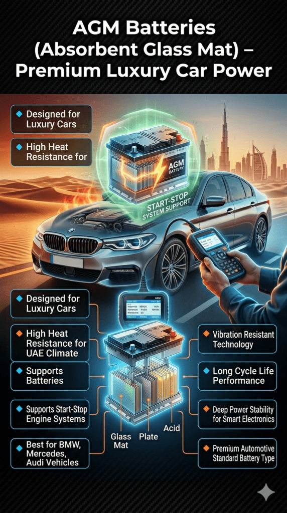 Premium infographic showing AGM battery technology for luxury cars in Dubai, highlighting heat resistance, start-stop system support, and BMW Mercedes Audi compatibility with technical visual breakdown.