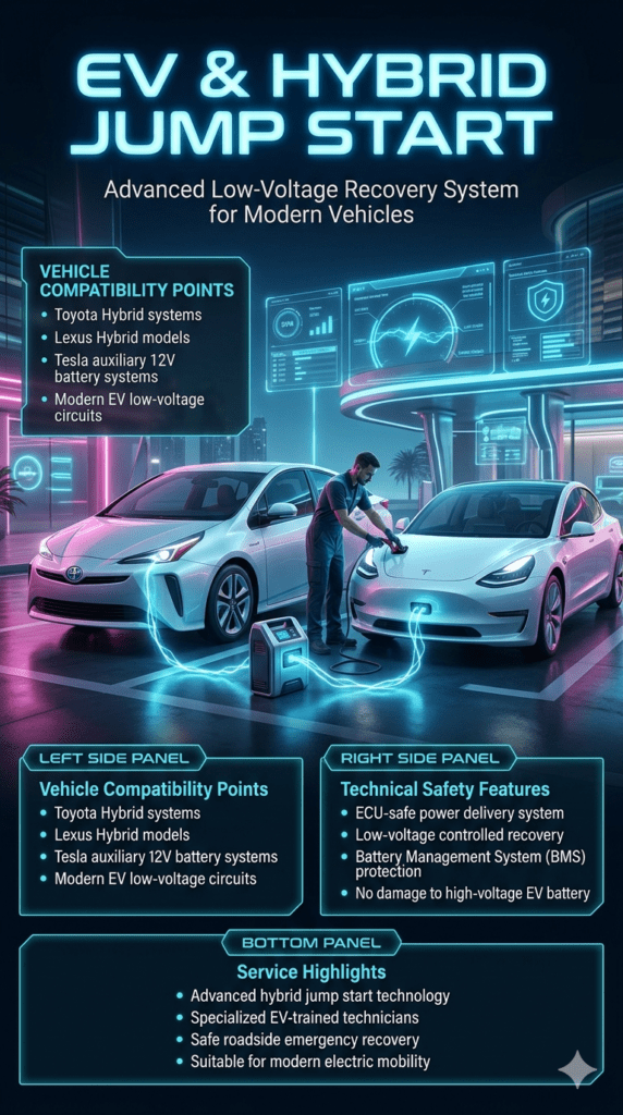Futuristic automotive infographic showing EV and hybrid jump start service with a technician using advanced low-voltage equipment on a modern electric car, surrounded by glowing energy effects and side panels describing compatibility, safety systems, and hybrid vehicle support technology.