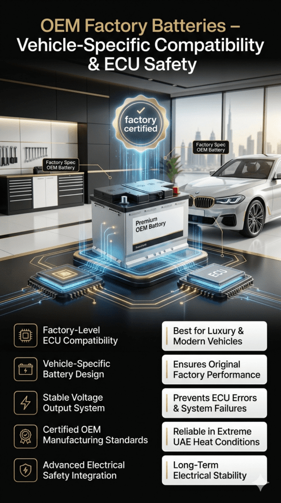 OEM factory car battery designed for vehicle-specific compatibility with ECU safety integration and stable voltage performance for luxury cars in Dubai UAE conditions.