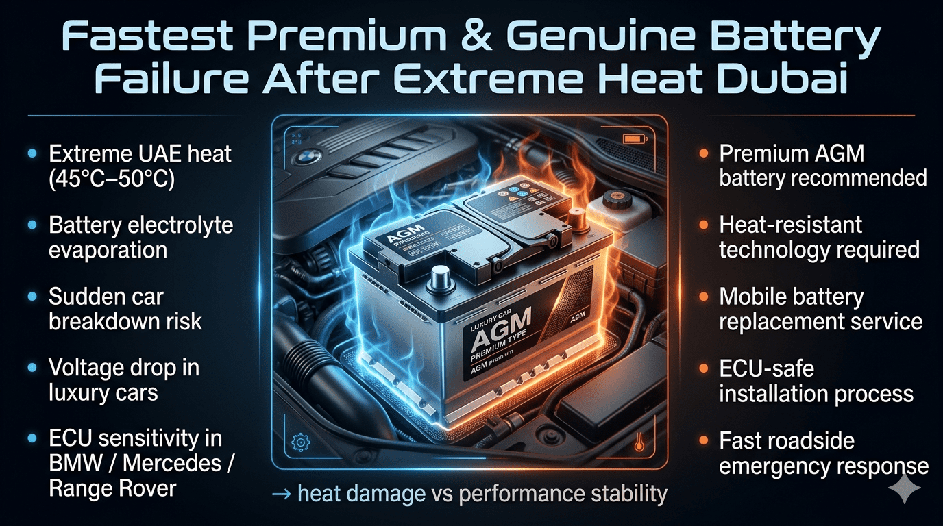 Luxury automotive infographic showing car battery failure in extreme Dubai heat with premium AGM battery in center, surrounded by causes like high temperature, voltage drop, and solutions including heat-resistant battery replacement and emergency roadside service.