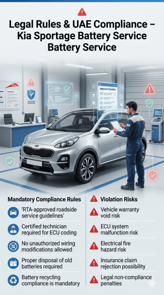 Kia Sportage battery replacement legal compliance infographic showing UAE RTA-style service rules, certified technician inspection, and warning risks of violations including warranty void and electrical hazards.