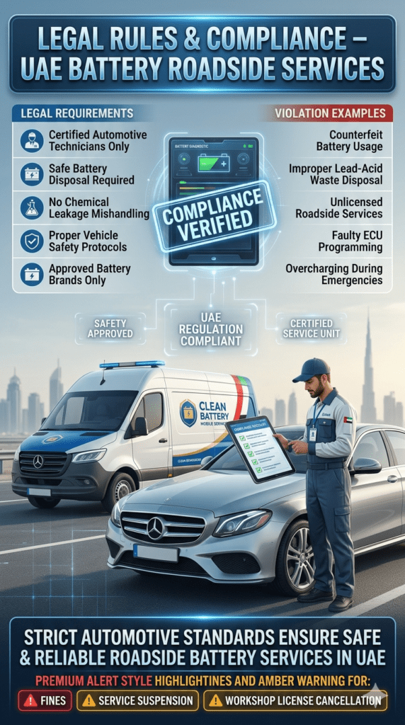 Legal Rules & Compliance – Car Battery Roadside Services UAE Dubai UAE legal compliance infographic showing certified car battery roadside repair technician, safety rules, violations, and regulatory requirements for Dubai automotive services