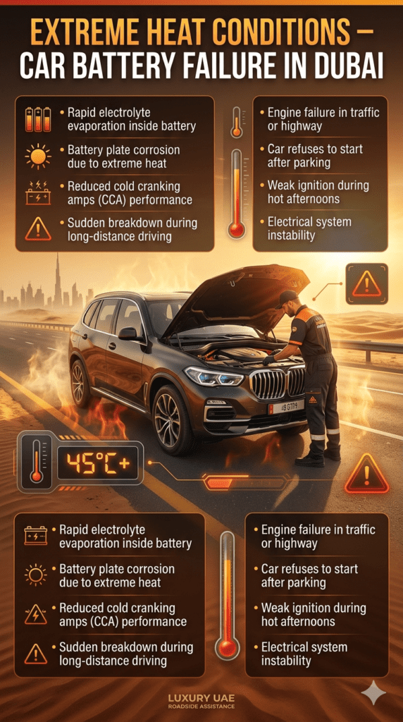 Extreme heat in Dubai causing car battery failure in a luxury SUV, showing heat waves, engine inspection, and roadside breakdown under 45°C temperature conditions.