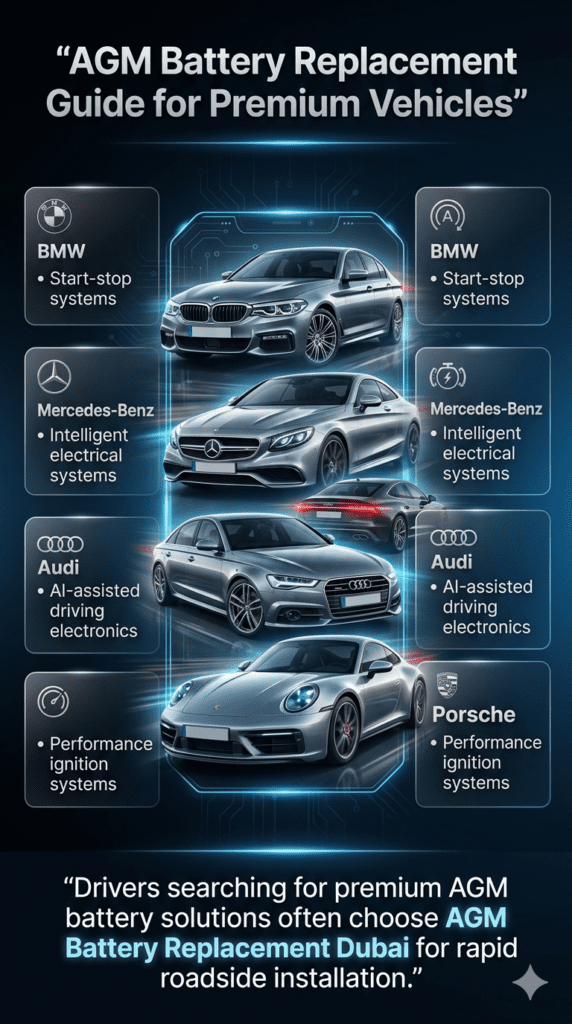 Luxury car brands AGM battery replacement infographic showing BMW, Mercedes, Audi, and Porsche with service information for Dubai roadside installation.