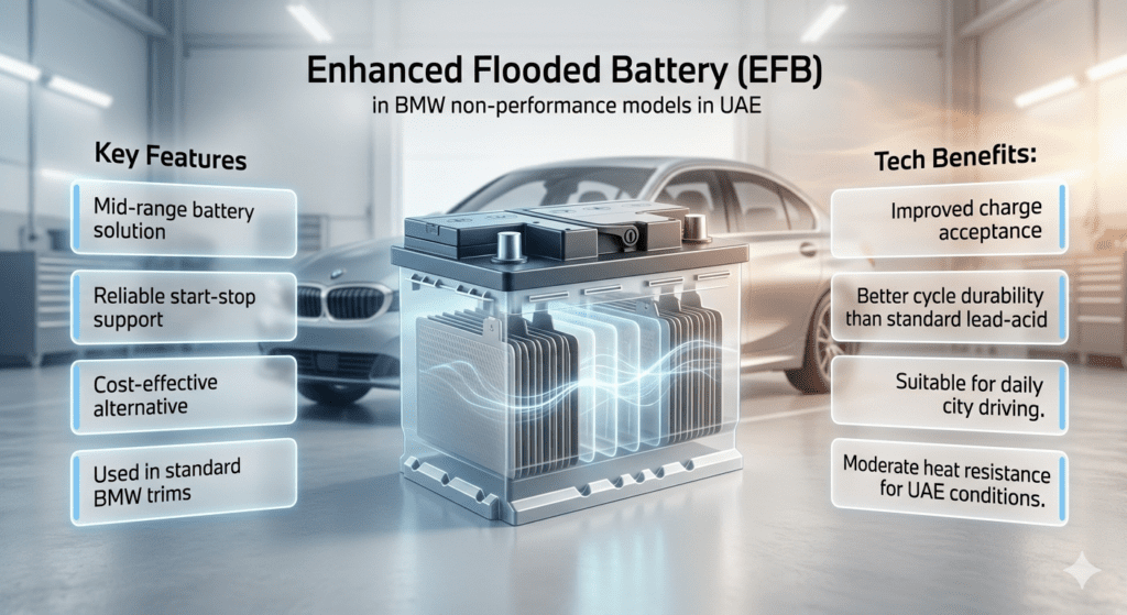 Enhanced Flooded Battery (EFB) diagram showing mid-range BMW car battery option with internal structure visualization and UAE automotive context.