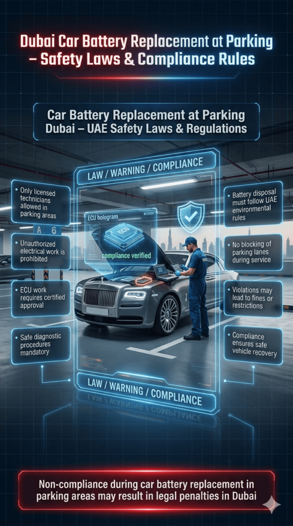 Dubai car battery replacement parking safety laws infographic showing licensed technician rules, ECU certification requirements, and legal compliance regulations in UAE.