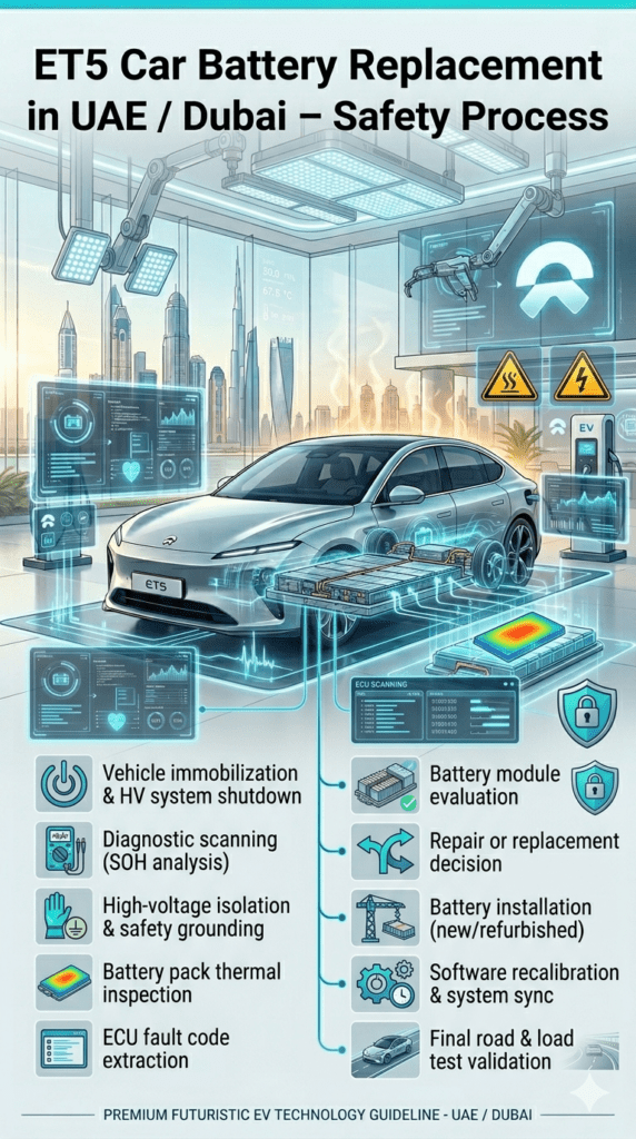 Infographic showing ET5 Car Battery Replacement in UAE Dubai professional safety process including diagnostics, HV isolation, battery inspection, ECU scanning, and final testing in a futuristic EV workshop.