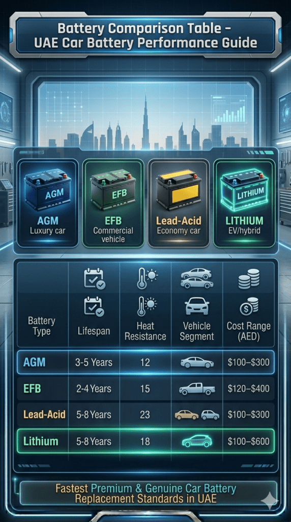 Automotive battery comparison infographic showing AGM, EFB, Lead-Acid, and Lithium batteries with lifespan, heat resistance, vehicle type, and cost range in UAE style dashboard.