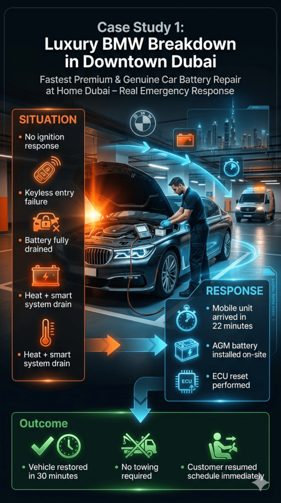 Luxury BMW 7 Series breakdown case study in Dubai hotel basement showing mobile battery replacement, ECU reset, and emergency roadside repair service restoring vehicle quickly.