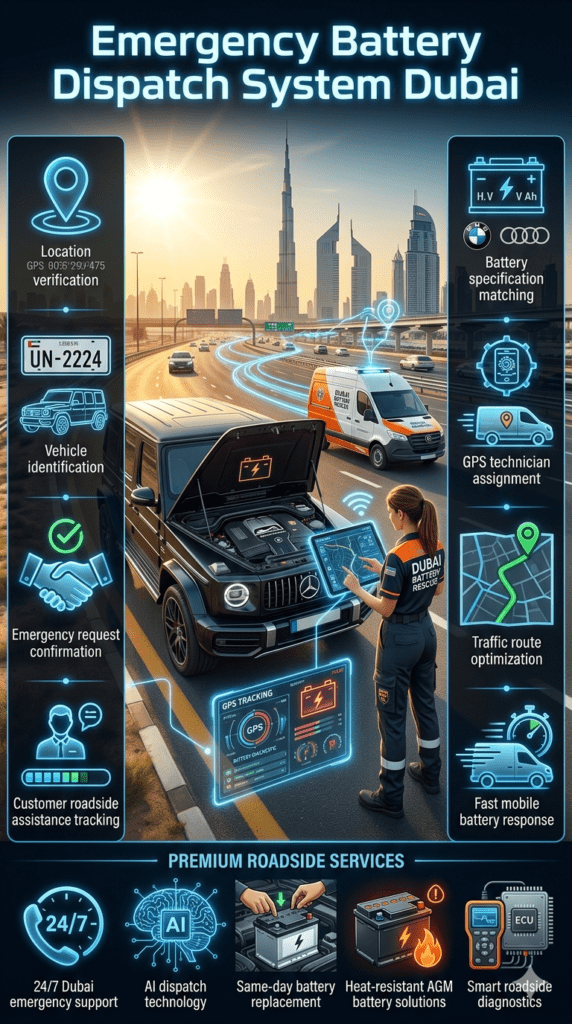 Emergency Battery Dispatch System Dubai – Fast Roadside Response Guide Premium Dubai roadside battery emergency dispatch infographic showing GPS-based technician assignment, traffic route optimization, vehicle identification, and mobile battery replacement service in UAE summer conditions.