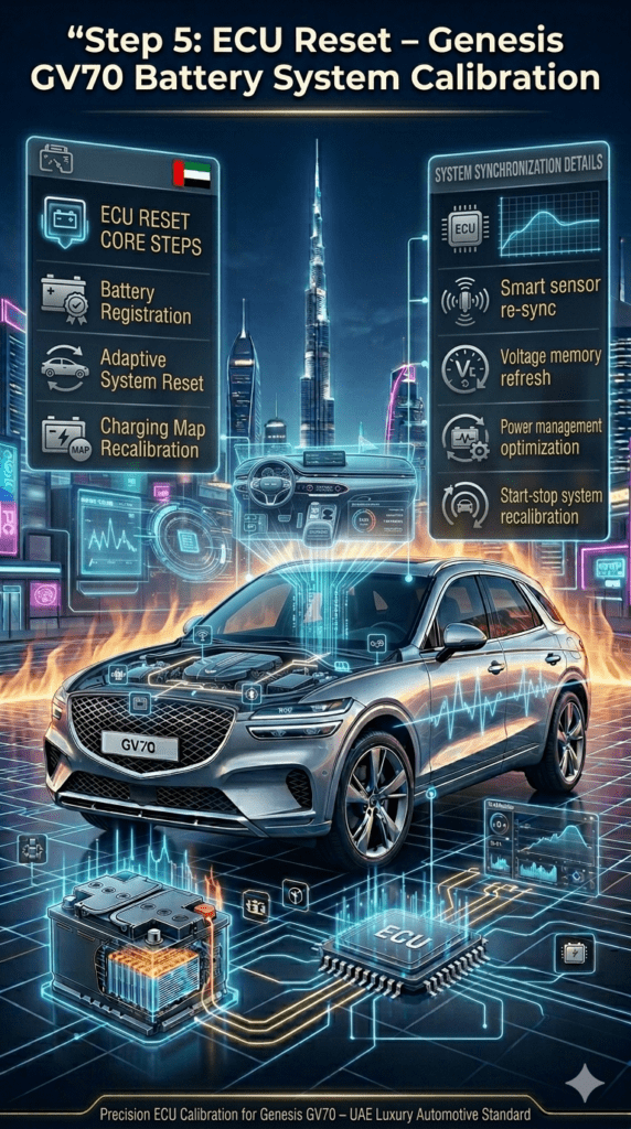 Luxury automotive infographic showing Genesis GV70 ECU reset process in UAE Dubai, including battery registration, adaptive system reset, and charging map recalibration in a futuristic service environment.