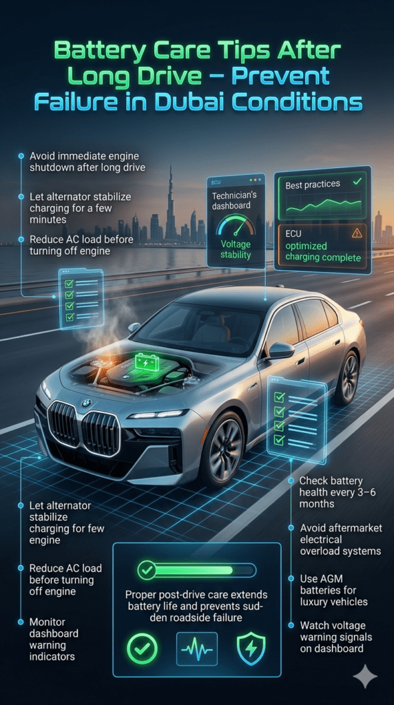 Dubai car battery maintenance tips infographic showing post-drive care instructions, voltage monitoring, and preventive battery protection steps for luxury vehicles.
