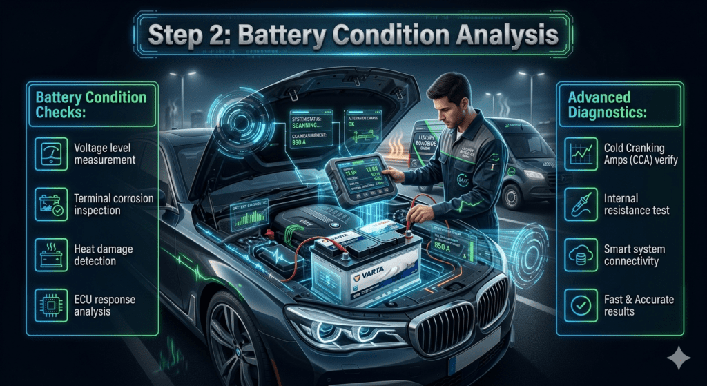 Automotive infographic showing step 2 battery condition analysis with technician using diagnostic scanner, highlighting voltage, corrosion, heat damage, and ECU checks.