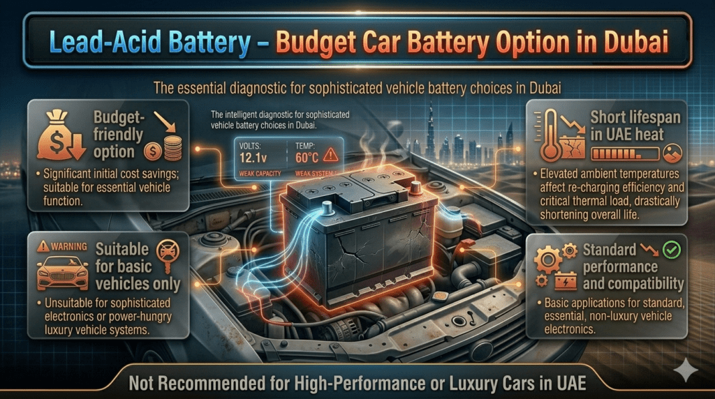 Lead-acid car battery infographic showing budget option with short lifespan in Dubai heat conditions for basic vehicles only