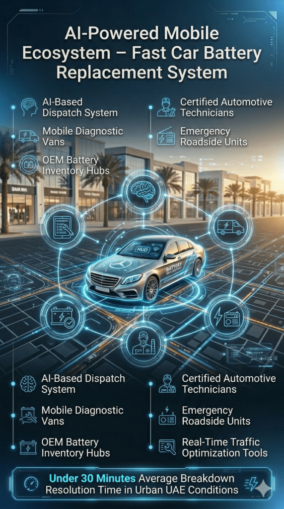 AI-powered car battery replacement ecosystem showing connected dispatch system, mobile vans, OEM inventory hubs, technicians, and roadside units with real-time traffic optimization and digital network flow in UAE.