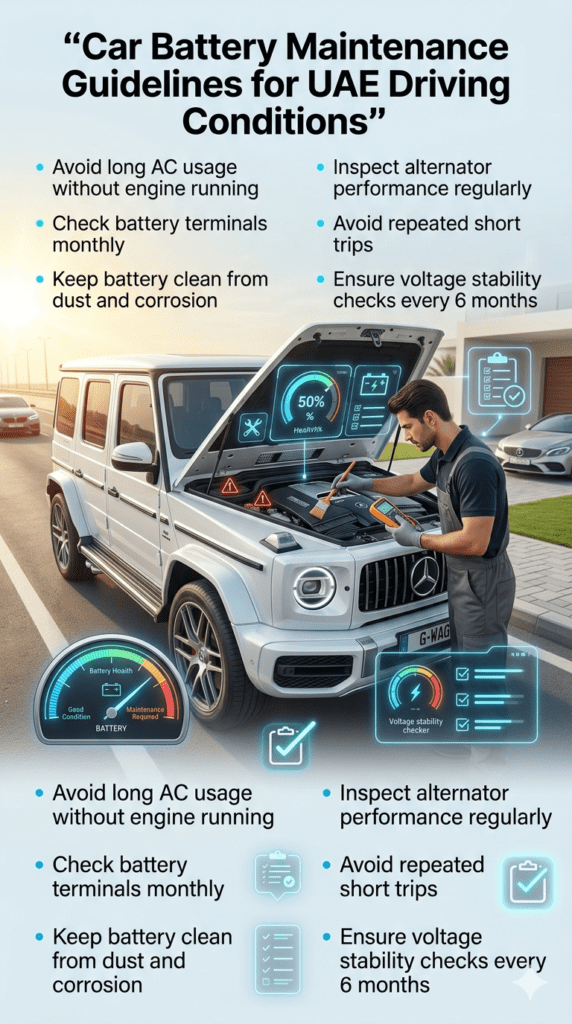 Car Battery Maintenance Guidelines for UAE Driving Conditions Automotive maintenance infographic showing car battery care guidelines including cleaning terminals, checking voltage, avoiding short trips, and inspecting alternator in UAE climate conditions.