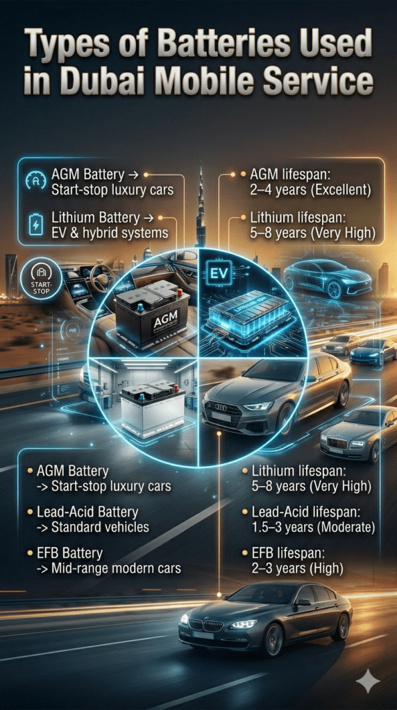 Infographic showing different car battery types used in Dubai mobile service including AGM, Lithium, Lead-Acid, and EFB with lifespan and vehicle compatibility details.