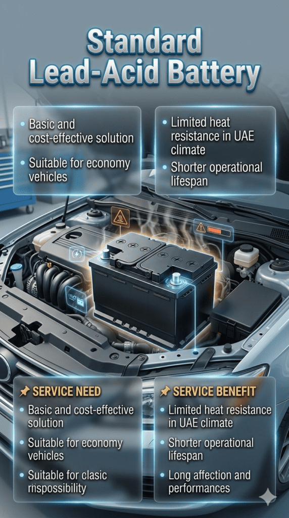 Infographic showing standard lead-acid car battery installed in economy vehicle highlighting affordability, limited heat resistance in UAE climate, and shorter lifespan.