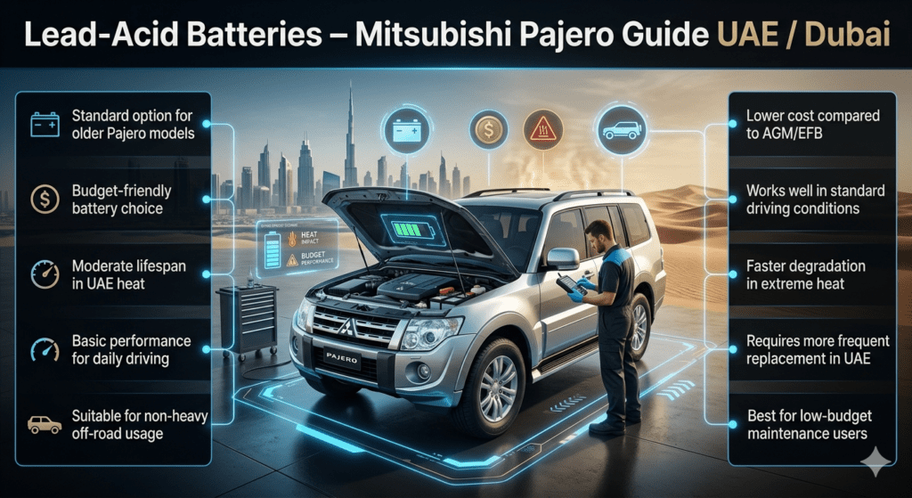 Lead-acid battery infographic for Mitsubishi Pajero in UAE Dubai showing budget option, moderate lifespan, and older SUV battery system with desert and city driving conditions