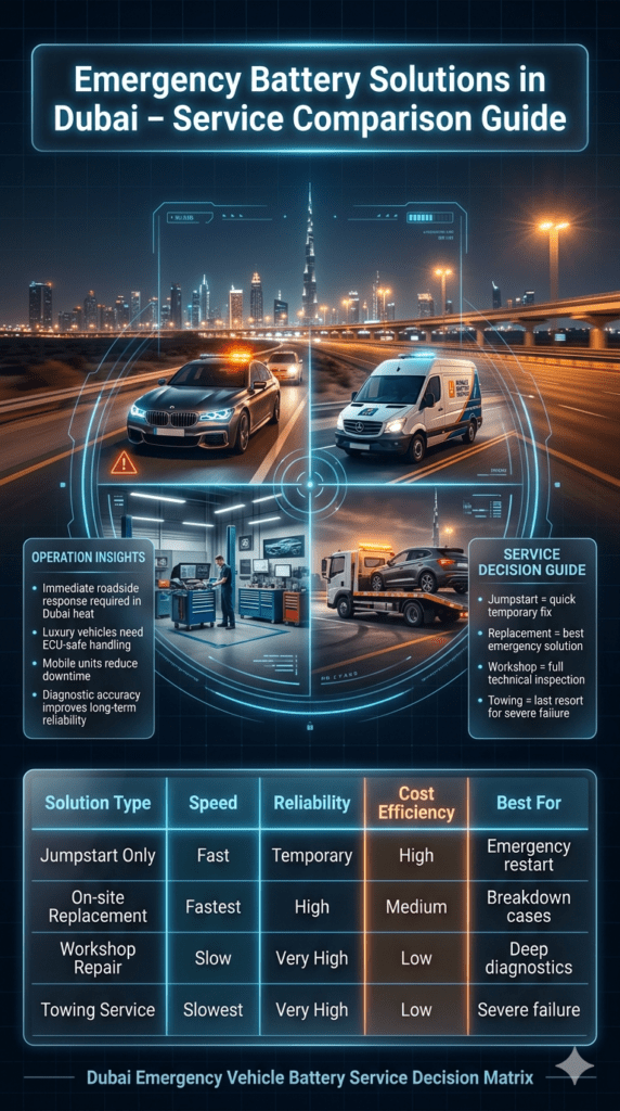 Emergency battery service comparison in Dubai showing jumpstart, on-site replacement, workshop repair, and towing service with speed, reliability, and cost efficiency.