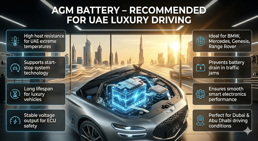 AGM Battery – Recommended for UAE Luxury Driving | High Performance Car Battery Guide Luxury AGM car battery installation in UAE with infographic showing heat resistance, start-stop support, voltage stability and premium vehicle compatibility in Dubai driving conditions.