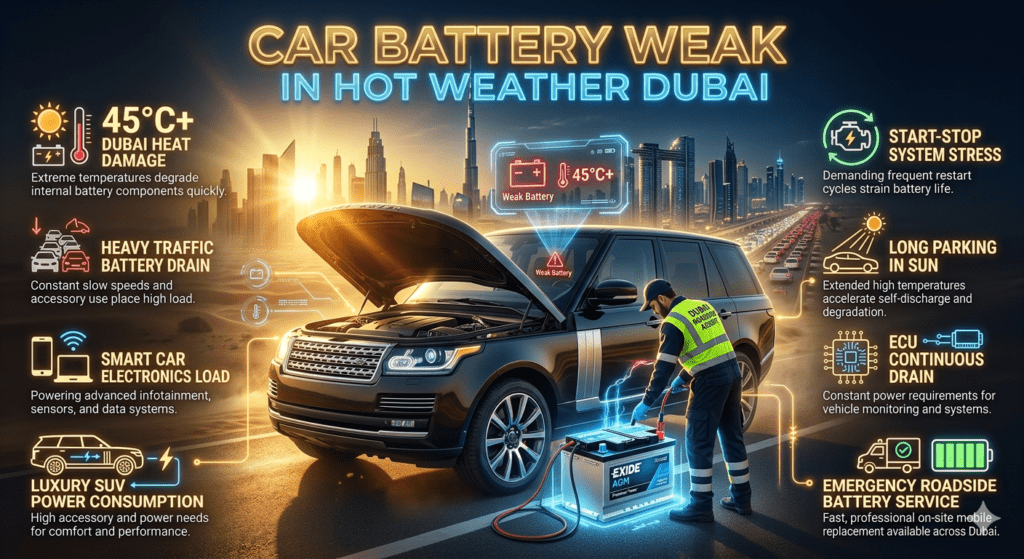 Luxury car stranded in Dubai heat with weak battery warning, premium AGM battery infographic, roadside emergency service, Dubai skyline, BMW Mercedes Audi breakdown in hot weather UAE.