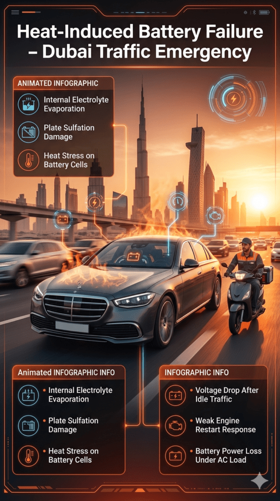 Luxury car engine overheating in Dubai traffic showing heat-induced battery failure infographic with evaporation, sulfation, and voltage drop effects in a premium roadside assistance visual guide.