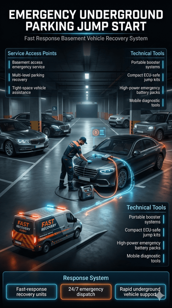 Cinematic infographic showing emergency underground parking jump start service in a Dubai basement parking area with luxury cars, technician using portable booster system, emergency lighting effects, and side panels describing basement access service and fast-response recovery units.