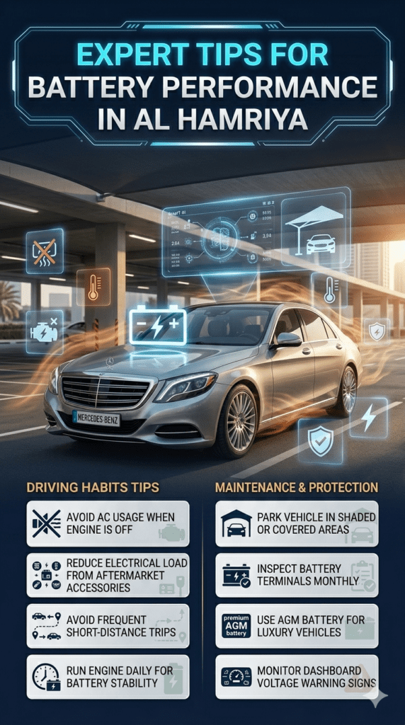 Luxury car in Al Hamriya Dubai showing expert battery maintenance tips with infographic overlays highlighting driving habits, maintenance practices, and battery protection advice after replacement service.