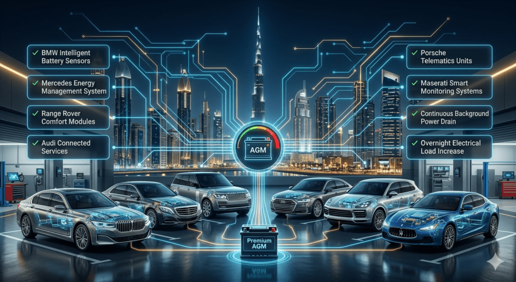 Luxury vehicles in UAE such as BMW, Mercedes-Benz, Range Rover, Audi, Porsche, and Maserati shown with connected electronic systems consuming battery power, intelligent sensors, and smart modules causing overnight battery drain in Dubai environment.