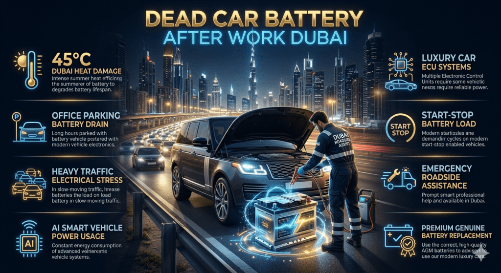 Luxury car with dead battery in Dubai office parking area, premium AGM battery replacement service, animated roadside assistance graphics, BMW Mercedes Audi Range Rover battery emergency, UAE heat impact infographic style.